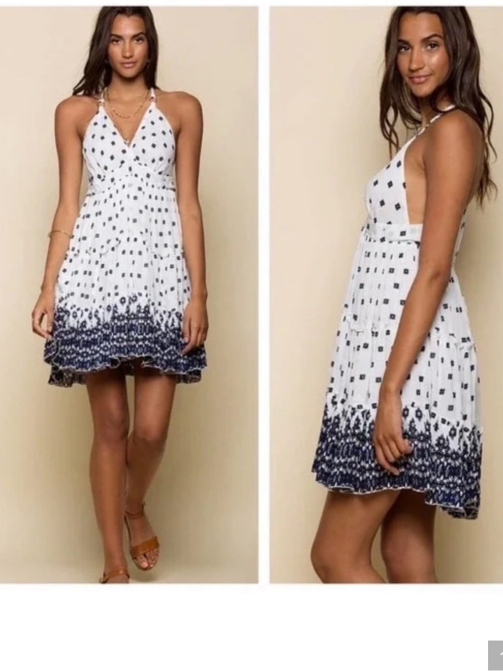 RAGA White Dress with Navy Blue Floral Border - Mini Sundress, NWT, Sz S